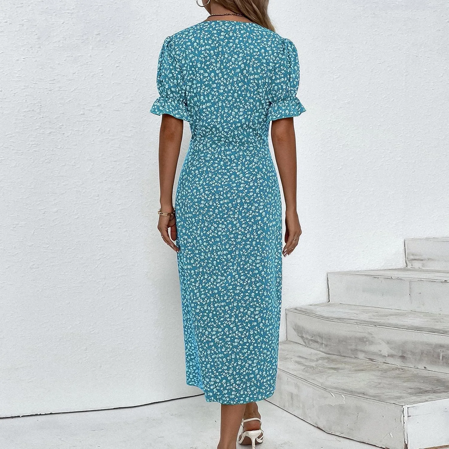 Spring Dresses for Women 2024, Summer Elegant Wrap V Neck Puff Sleeve Boho Print Sundresses Slim Hawaiian Irregular Hem Dress