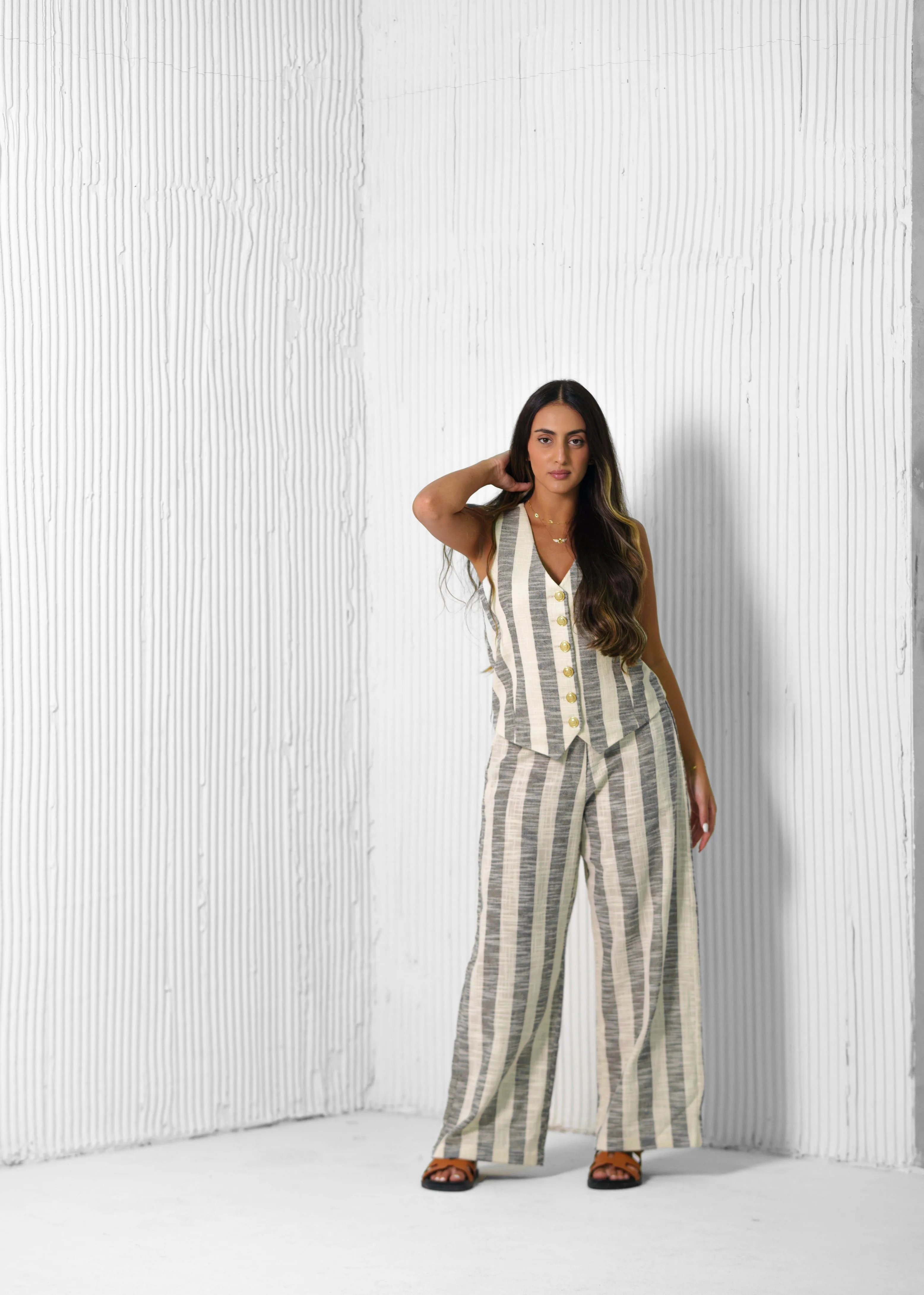 STRIPED LINED PANTS & RELAXED WAISTCOAT CO-ORD - GREY