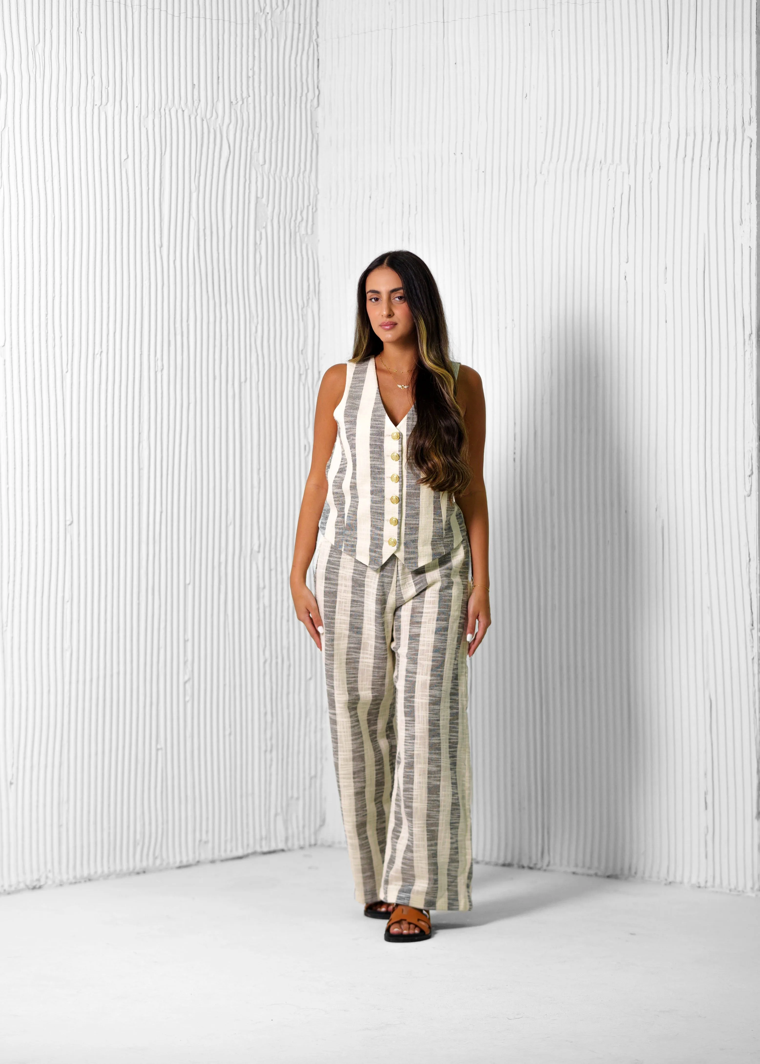 STRIPED LINED PANTS & RELAXED WAISTCOAT CO-ORD - GREY