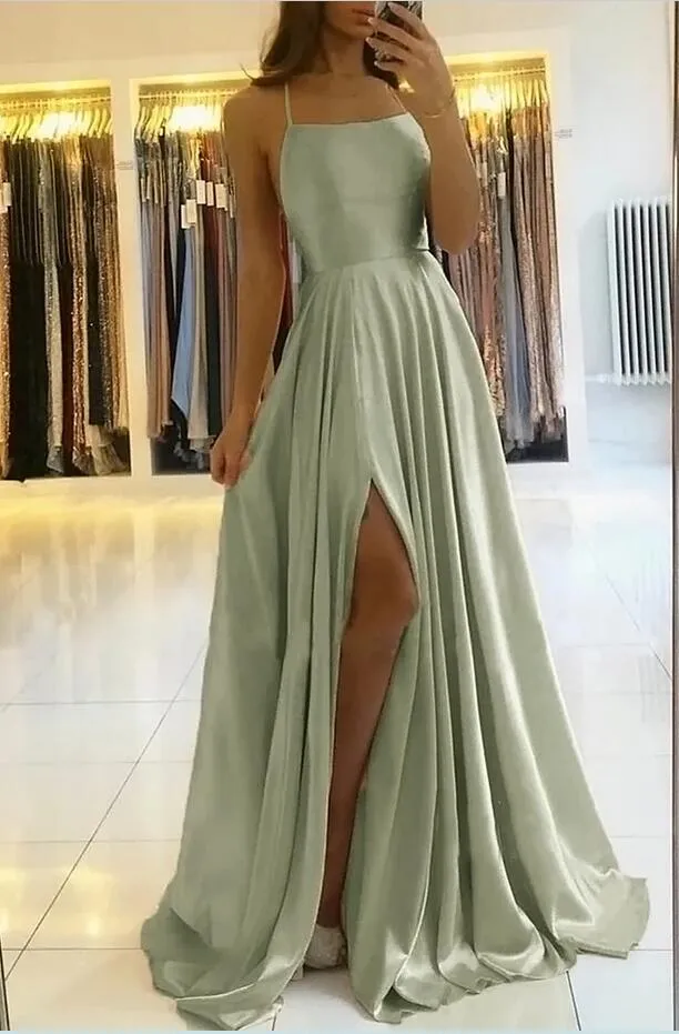 Stunning Spaghetti Straps Satin Evening Dress with Side Slit Sleeveless Floor Length Prom Dress