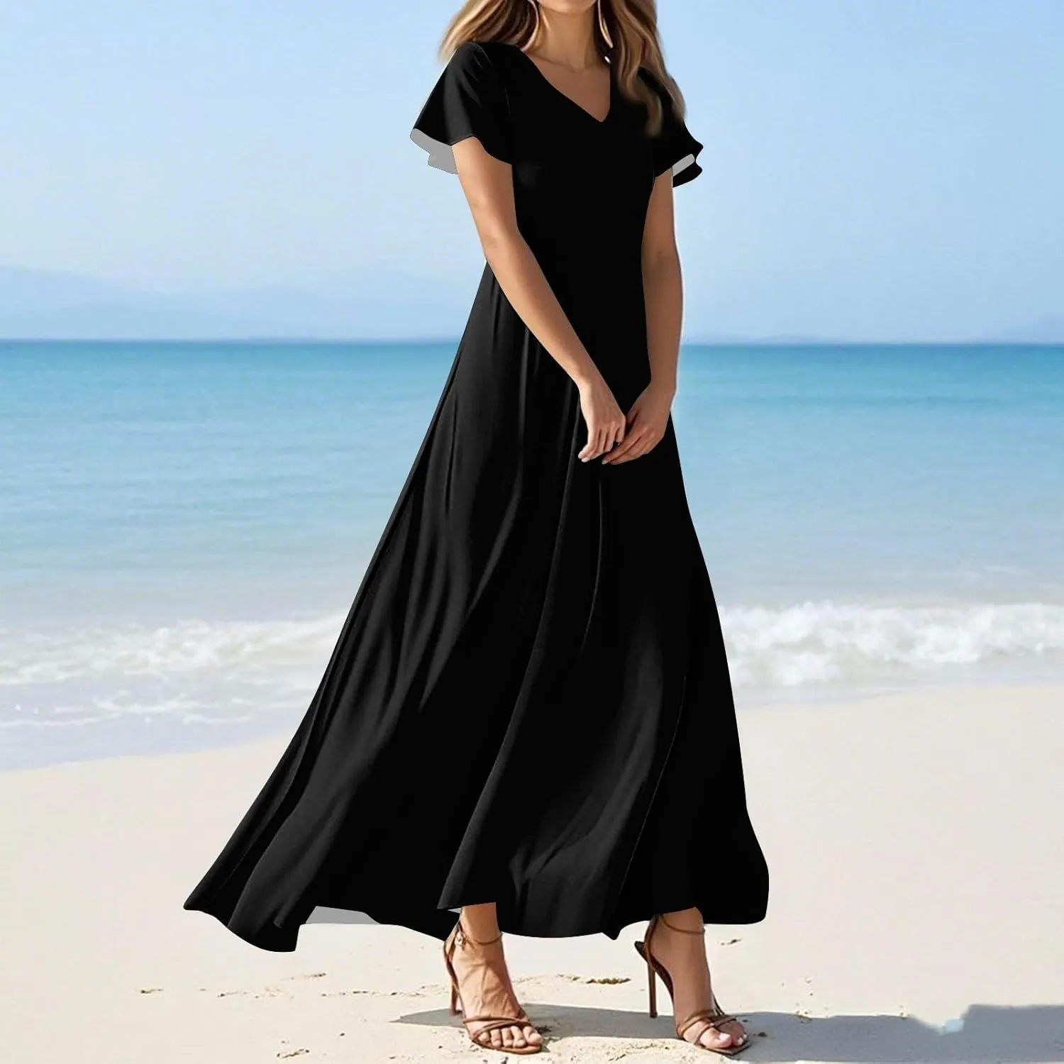 Summer Dress for Women 2025 Elegant Swing Flowy Ruffle V Neck Boho Sun Dresses Trendy Casual Vacation Long Sundresses