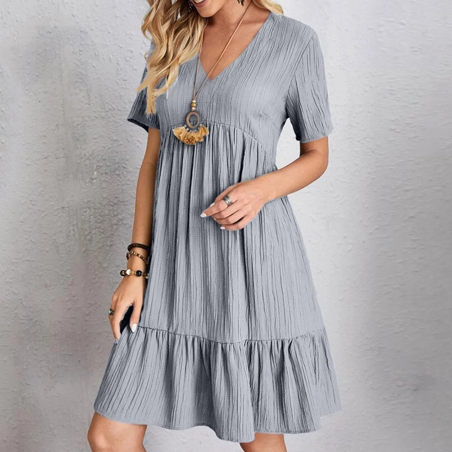 Summer Dresses for Women 2025 Short Sleeve Elegant Mini Dress Pleated Casual Dresses Ruffle Flowy V Neck Beach Sundresses