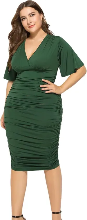 Summer Dresses for Women 2025,Womens Elegant Plus Size Ruched Wrap V Neck Dress Pleated Bodycon Midi Party Work Dress
