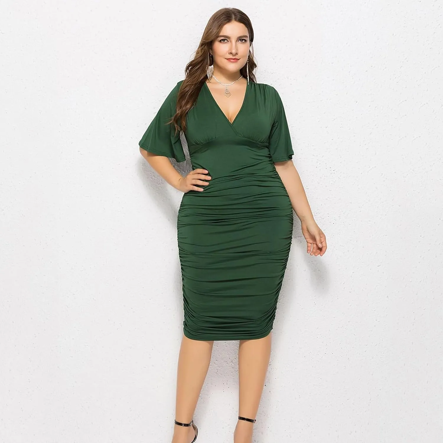 Summer Dresses for Women 2025,Womens Elegant Plus Size Ruched Wrap V Neck Dress Pleated Bodycon Midi Party Work Dress