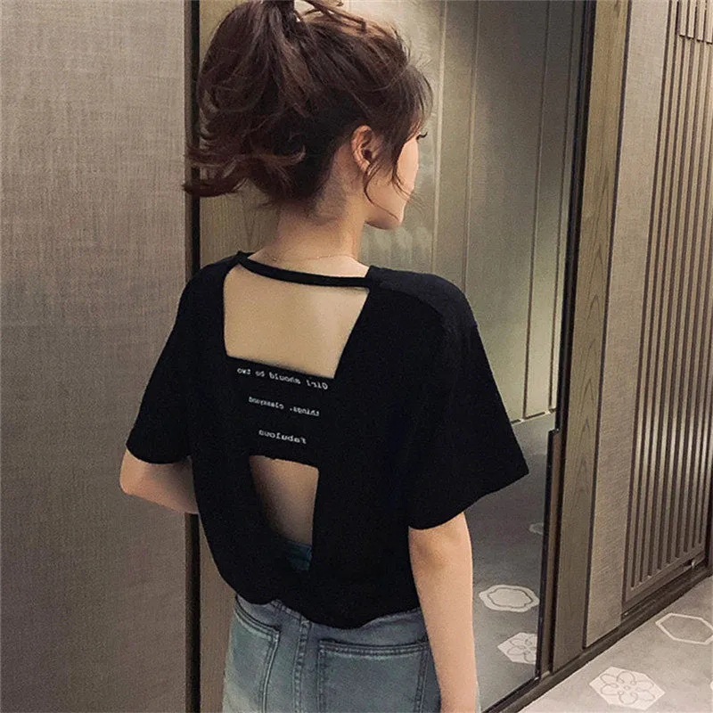 Summer Korean Bare Back Trendy Short Sleeve T-Shirt Women Tops T-Shirt