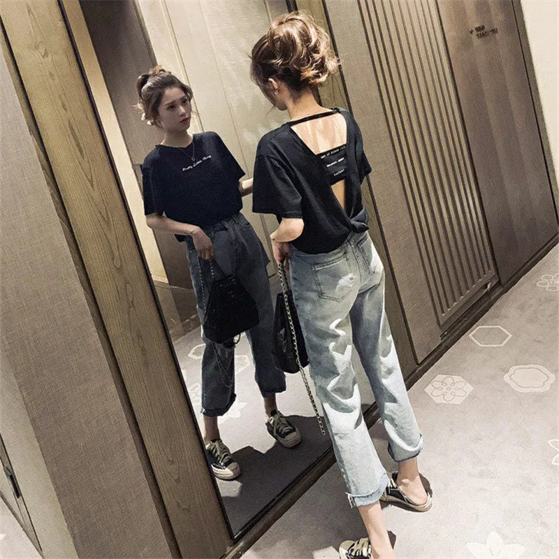 Summer Korean Bare Back Trendy Short Sleeve T-Shirt Women Tops T-Shirt