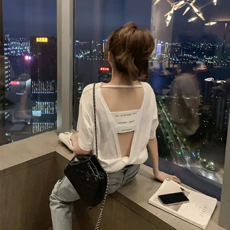 Summer Korean Bare Back Trendy Short Sleeve T-Shirt Women Tops T-Shirt