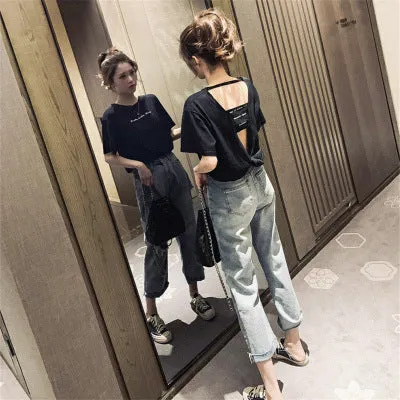 Summer Korean Bare Back Trendy Short Sleeve T-Shirt Women Tops T-Shirt