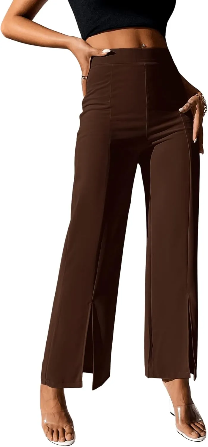 SweatyRocks Women's Elegant High Waisted Split Hem Long Pants Straight Leg Zipper Fly Work Office Trousers