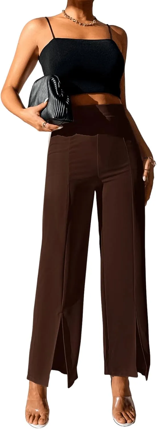 SweatyRocks Women's Elegant High Waisted Split Hem Long Pants Straight Leg Zipper Fly Work Office Trousers