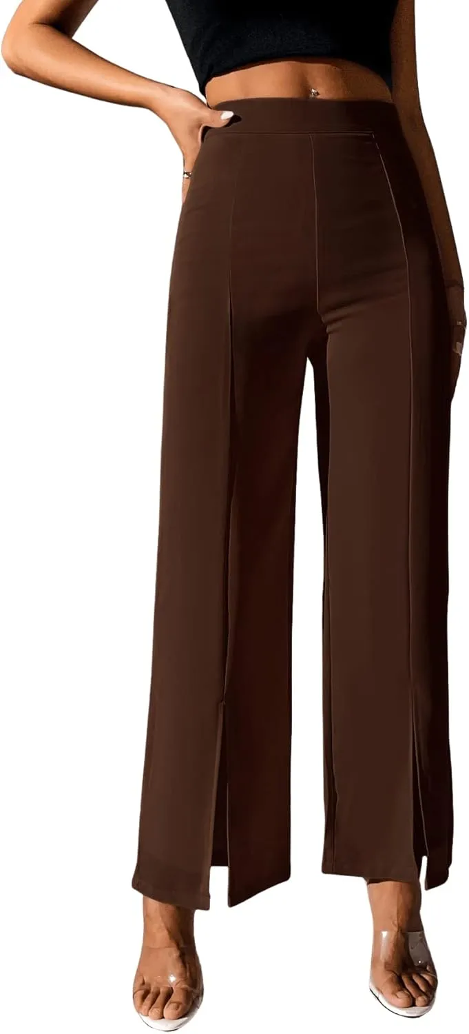 SweatyRocks Women's Elegant High Waisted Split Hem Long Pants Straight Leg Zipper Fly Work Office Trousers