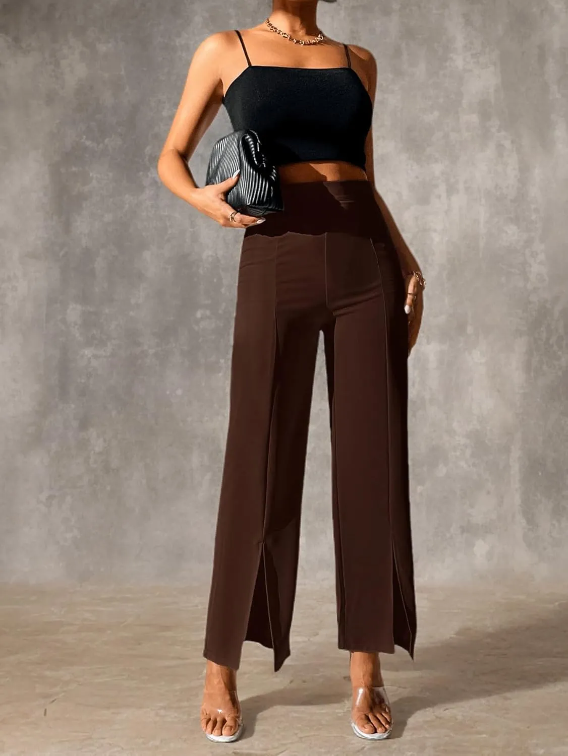 SweatyRocks Women's Elegant High Waisted Split Hem Long Pants Straight Leg Zipper Fly Work Office Trousers