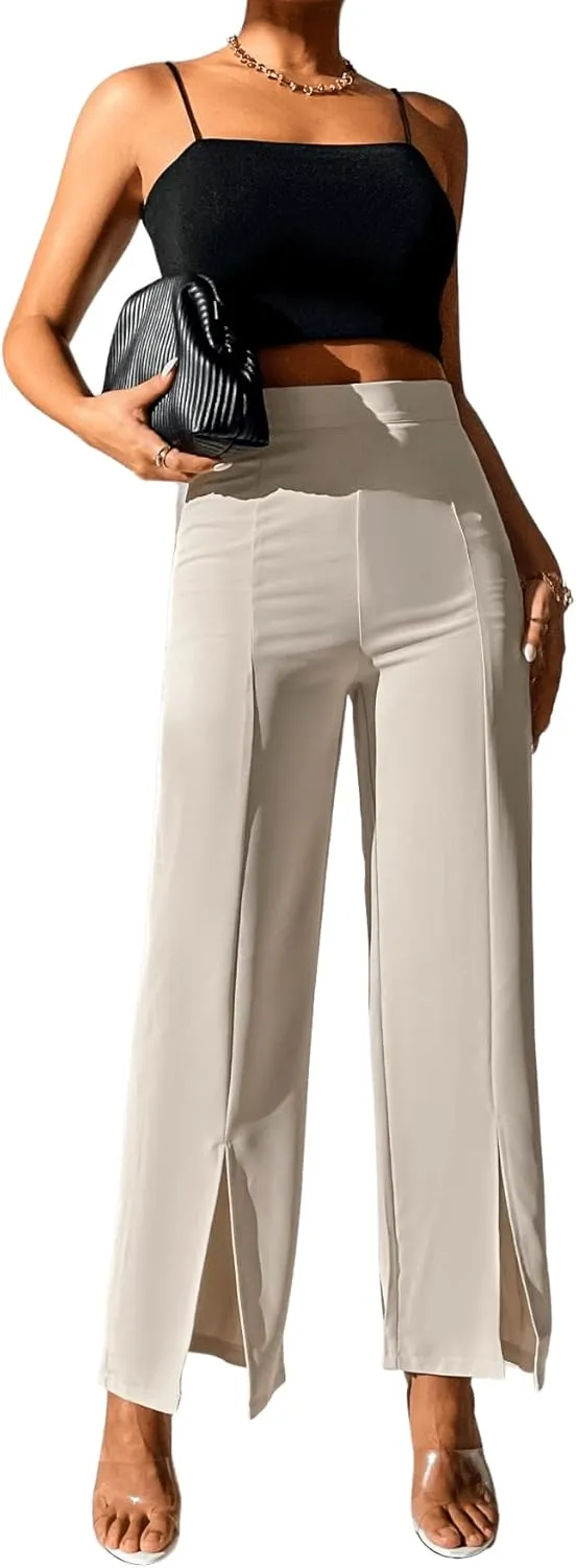SweatyRocks Women's Elegant High Waisted Split Hem Long Pants Straight Leg Zipper Fly Work Office Trousers