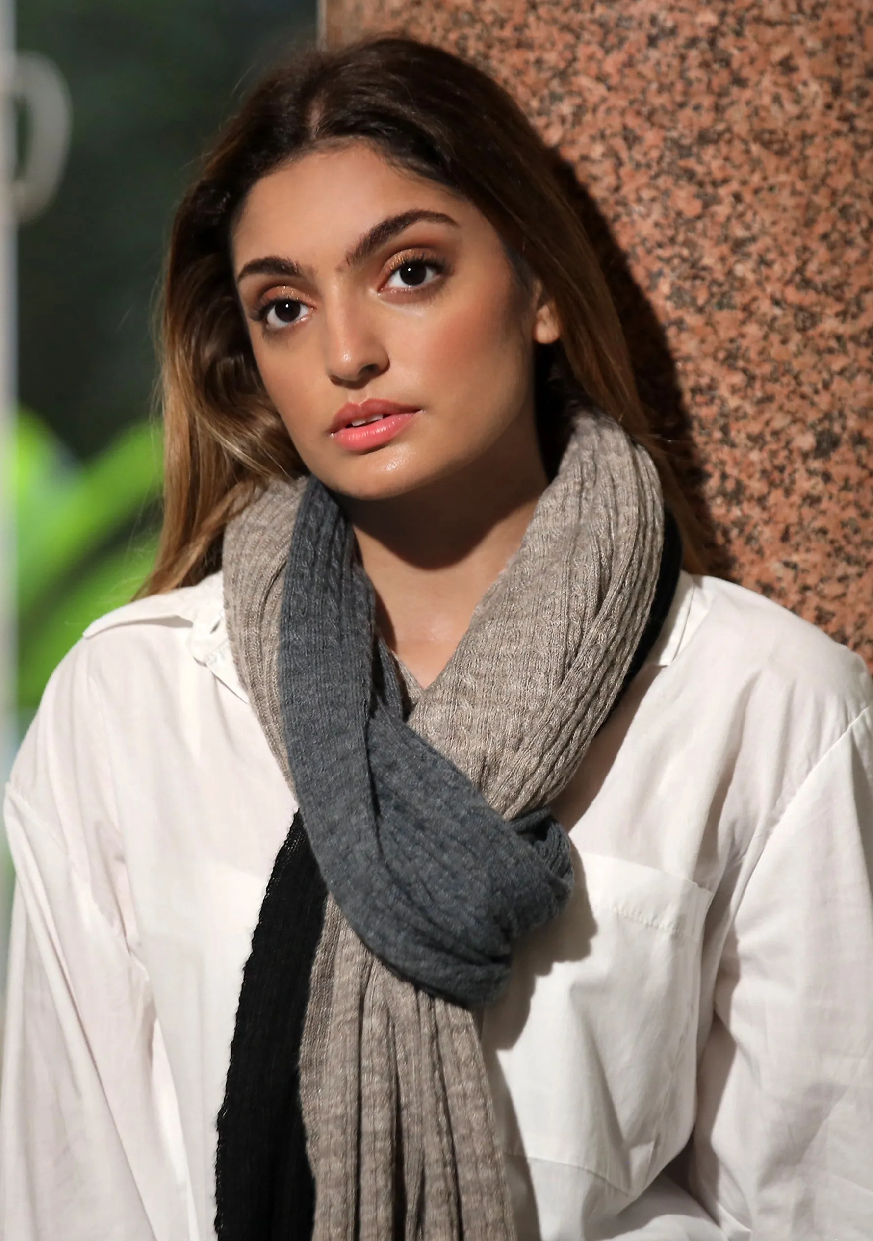 Taupe Melange, DK. Grey Melange and Black Baby Cable-Knit Fine Wool Scarf