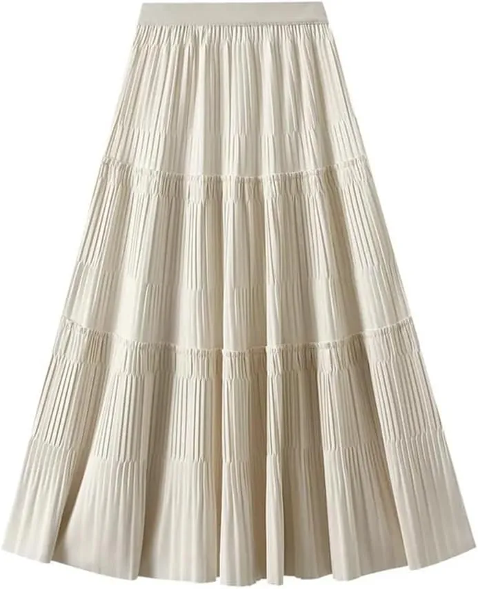 Thick Pleated Skirt Women Autumn Winter Vintage Midi Long A-Line Skirt Korean Fashion Long Skirt
