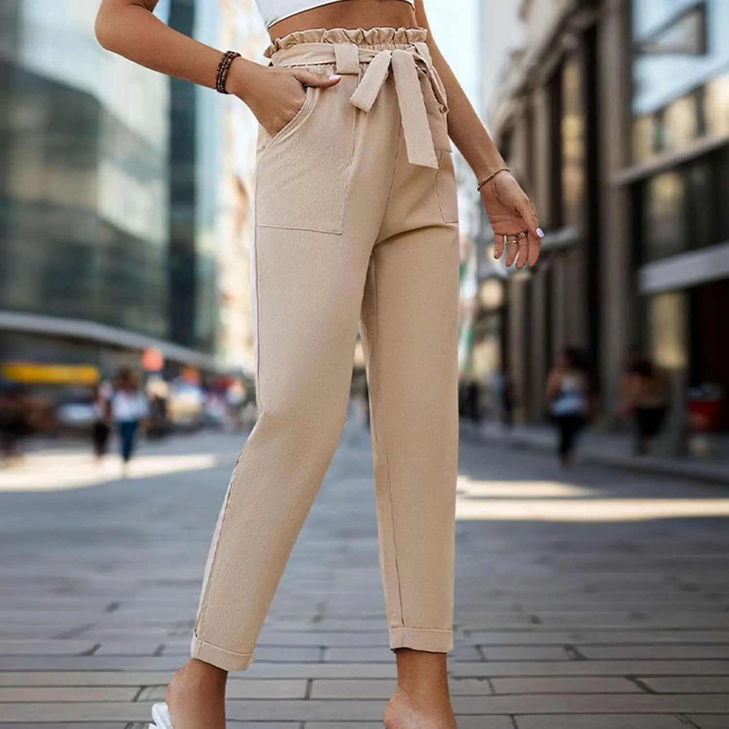 Tummy Control Work Pants for Women Business Casual Pants Drawstring Pants Relaxed Straight Trousers High Waist Pants