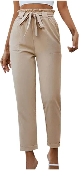 Tummy Control Work Pants for Women Business Casual Pants Drawstring Pants Relaxed Straight Trousers High Waist Pants
