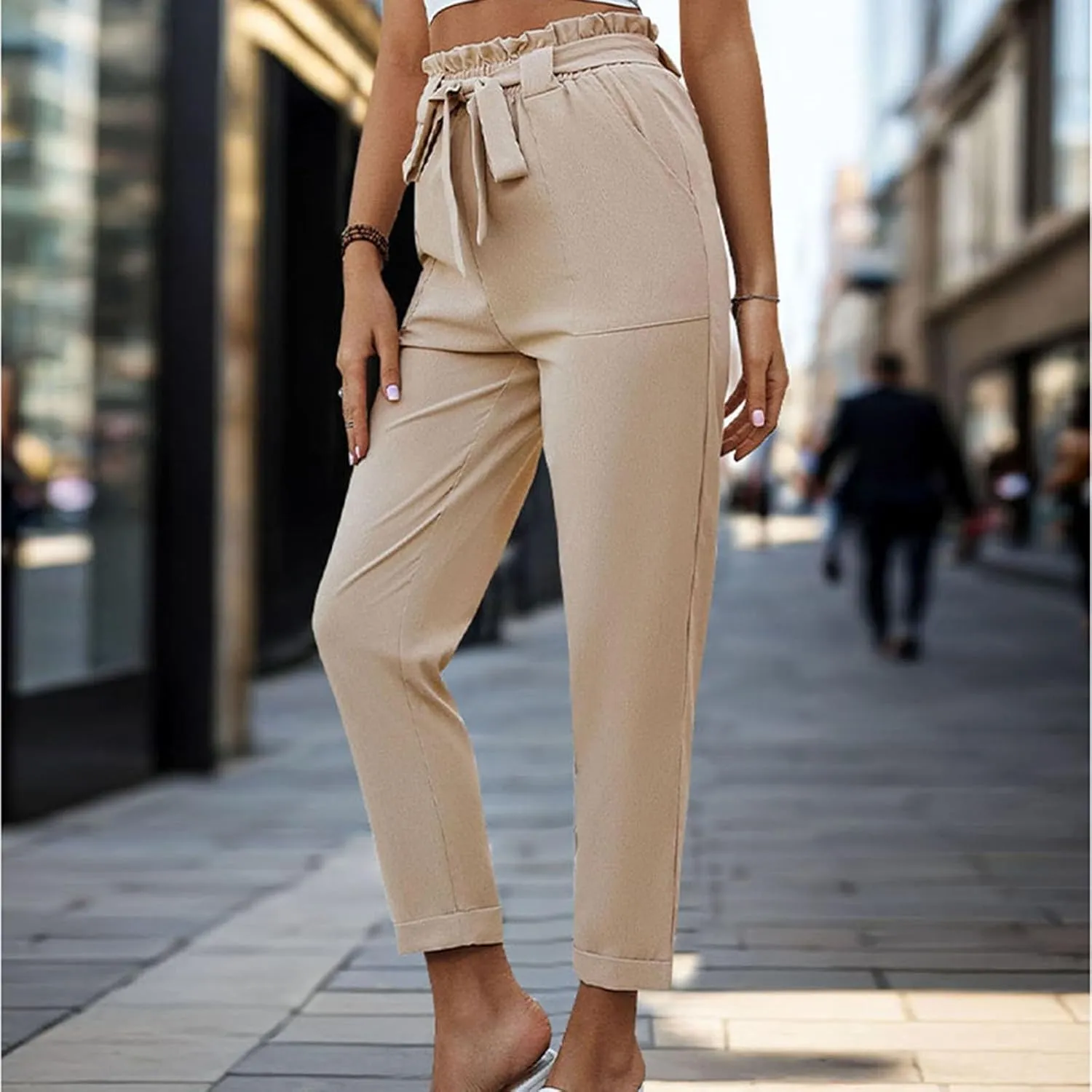 Tummy Control Work Pants for Women Business Casual Pants Drawstring Pants Relaxed Straight Trousers High Waist Pants