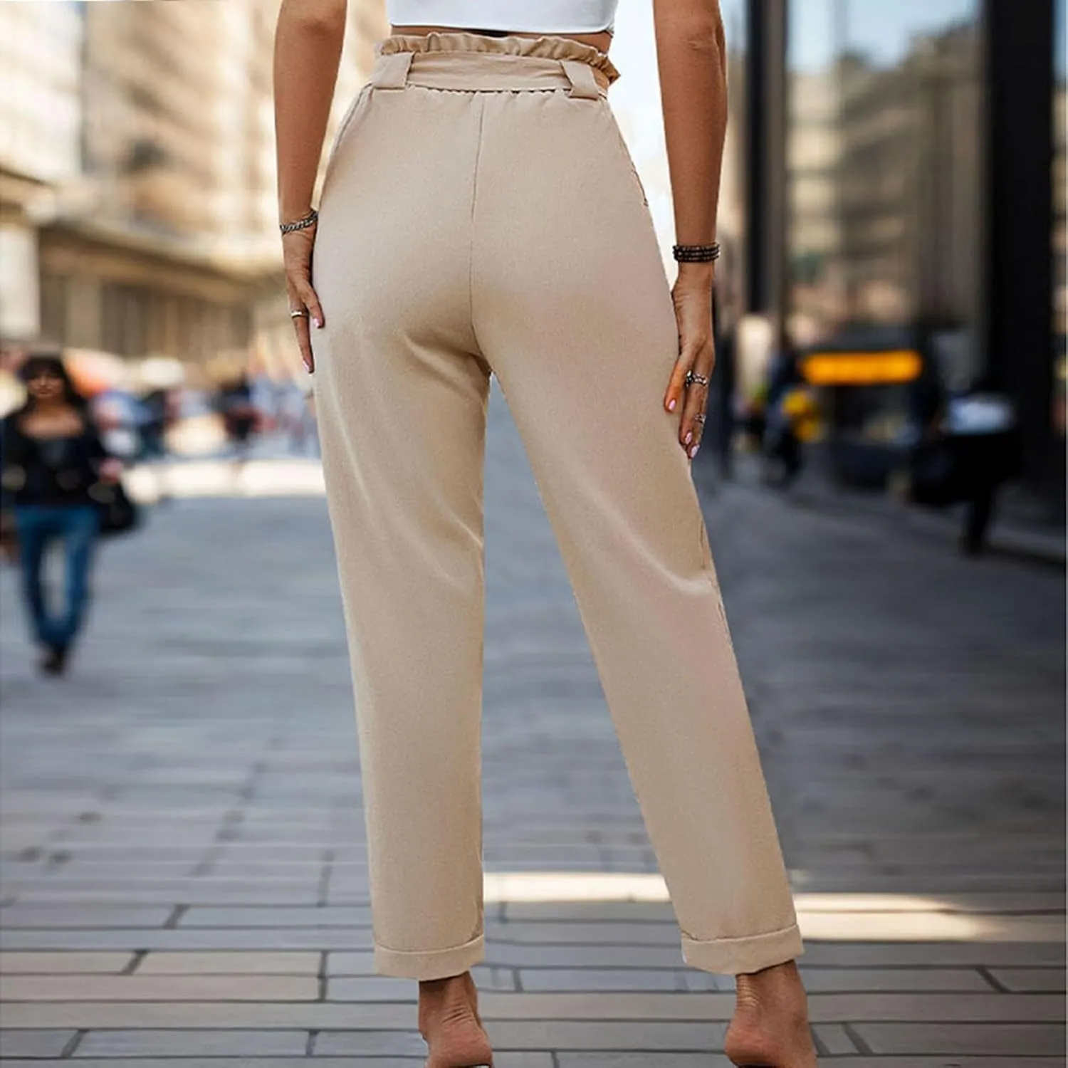 Tummy Control Work Pants for Women Business Casual Pants Drawstring Pants Relaxed Straight Trousers High Waist Pants