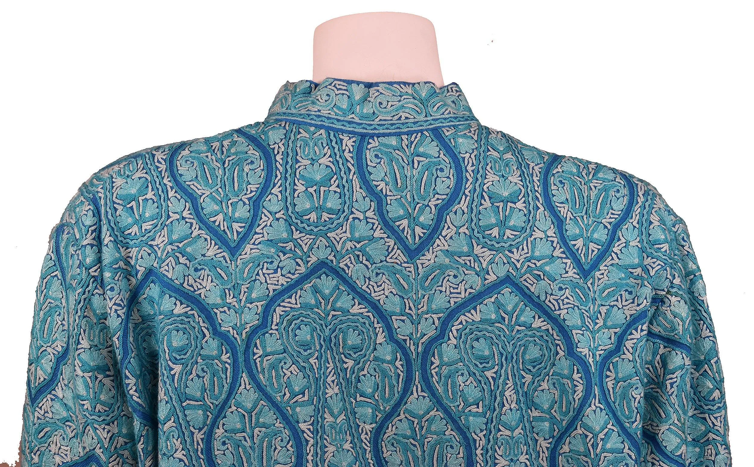 Turquoise Blue Jacket Dinner Cashmere Evening Dress Coat All Over Hand Embroidered Kashmir