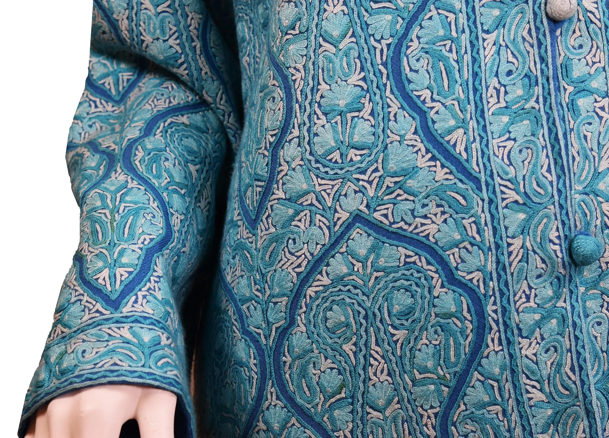 Turquoise Blue Jacket Dinner Cashmere Evening Dress Coat All Over Hand Embroidered Kashmir