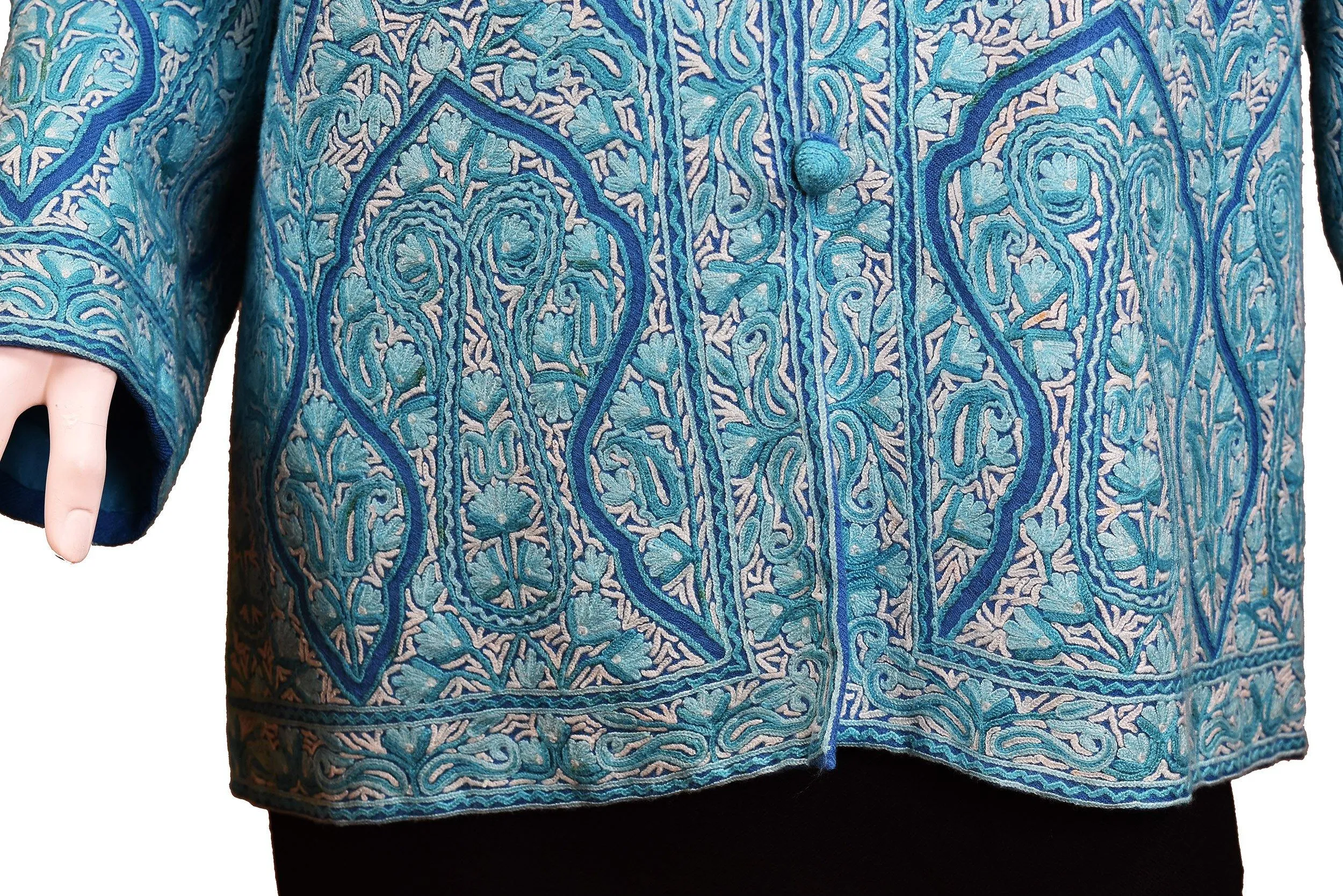 Turquoise Blue Jacket Dinner Cashmere Evening Dress Coat All Over Hand Embroidered Kashmir