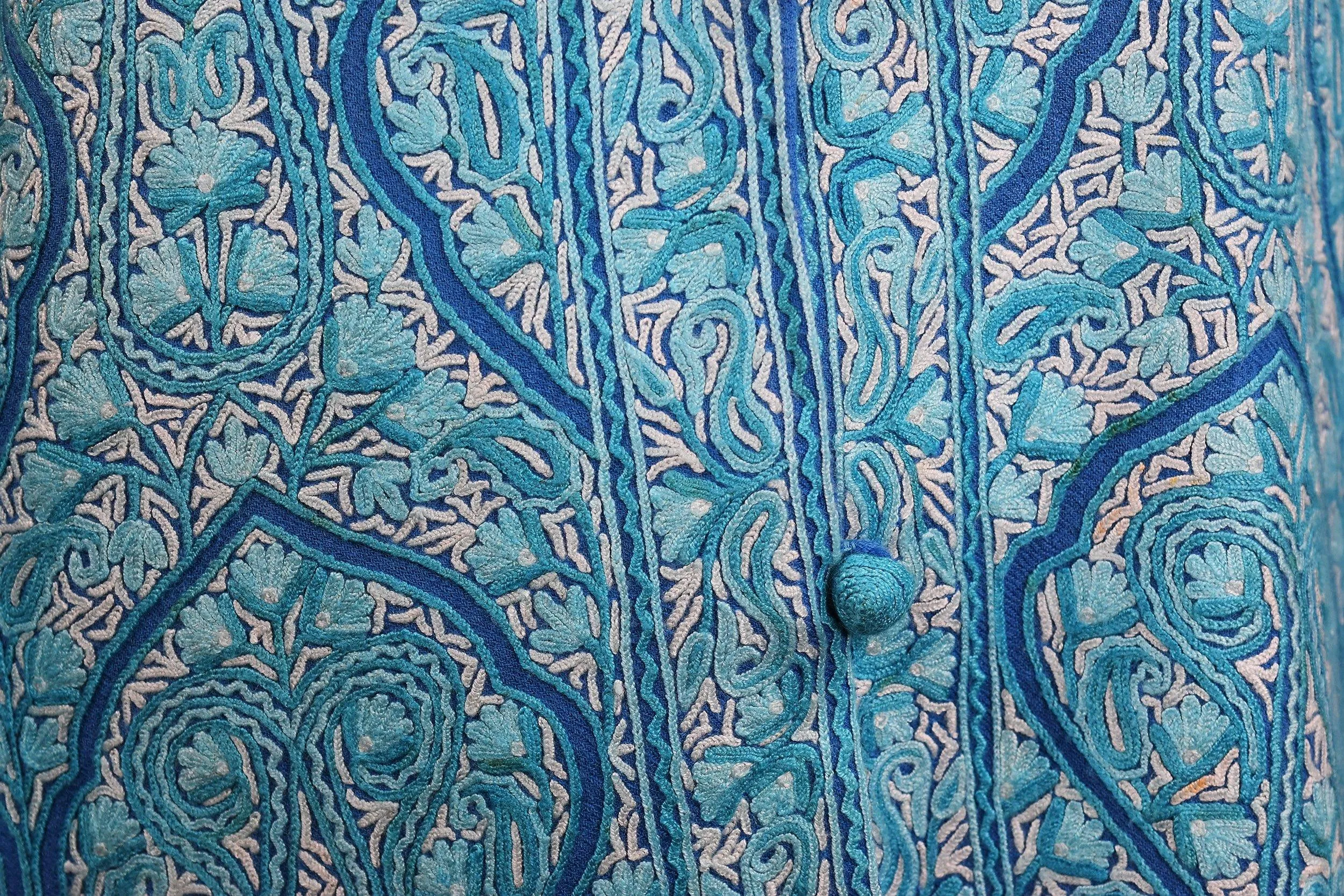 Turquoise Blue Jacket Dinner Cashmere Evening Dress Coat All Over Hand Embroidered Kashmir