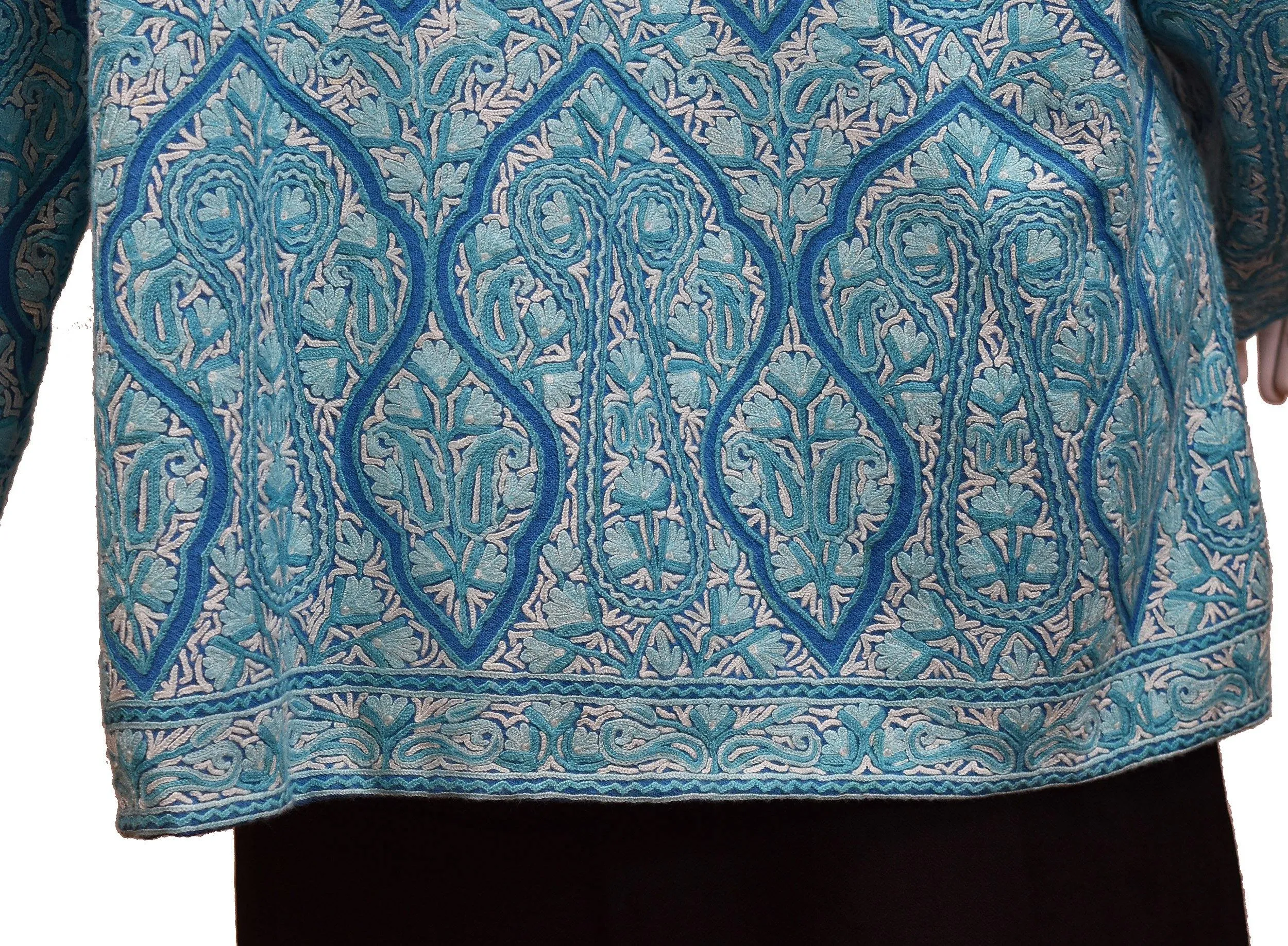 Turquoise Blue Jacket Dinner Cashmere Evening Dress Coat All Over Hand Embroidered Kashmir