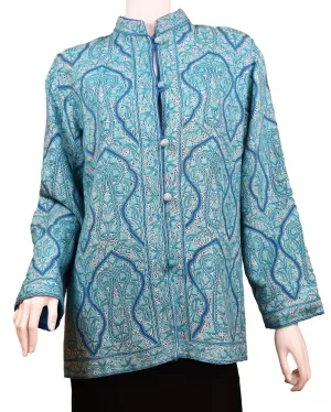Turquoise Blue Jacket Dinner Cashmere Evening Dress Coat All Over Hand Embroidered Kashmir