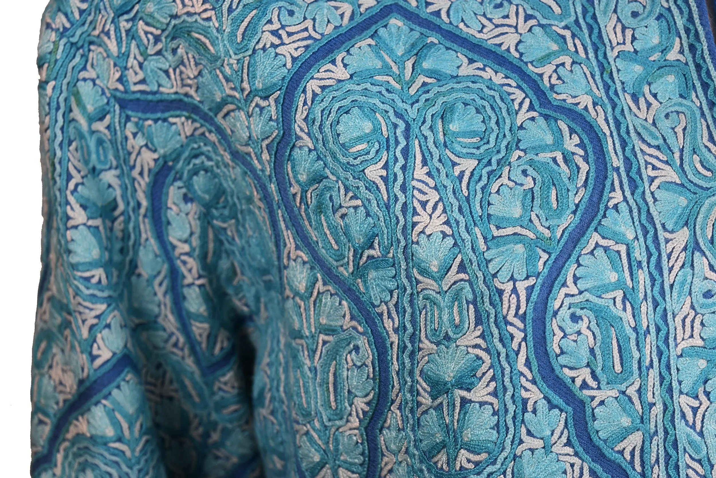 Turquoise Blue Jacket Dinner Cashmere Evening Dress Coat All Over Hand Embroidered Kashmir