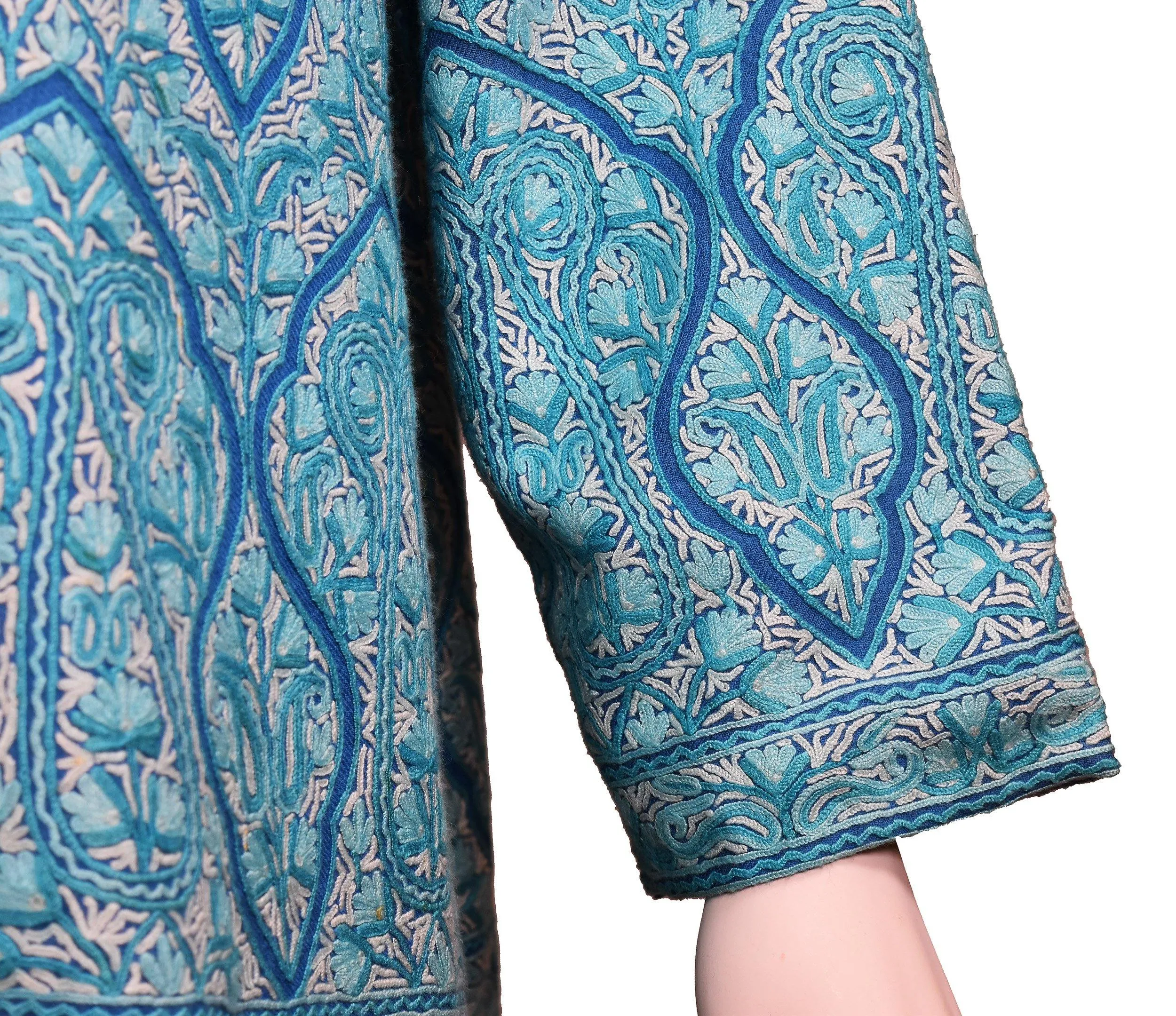Turquoise Blue Jacket Dinner Cashmere Evening Dress Coat All Over Hand Embroidered Kashmir