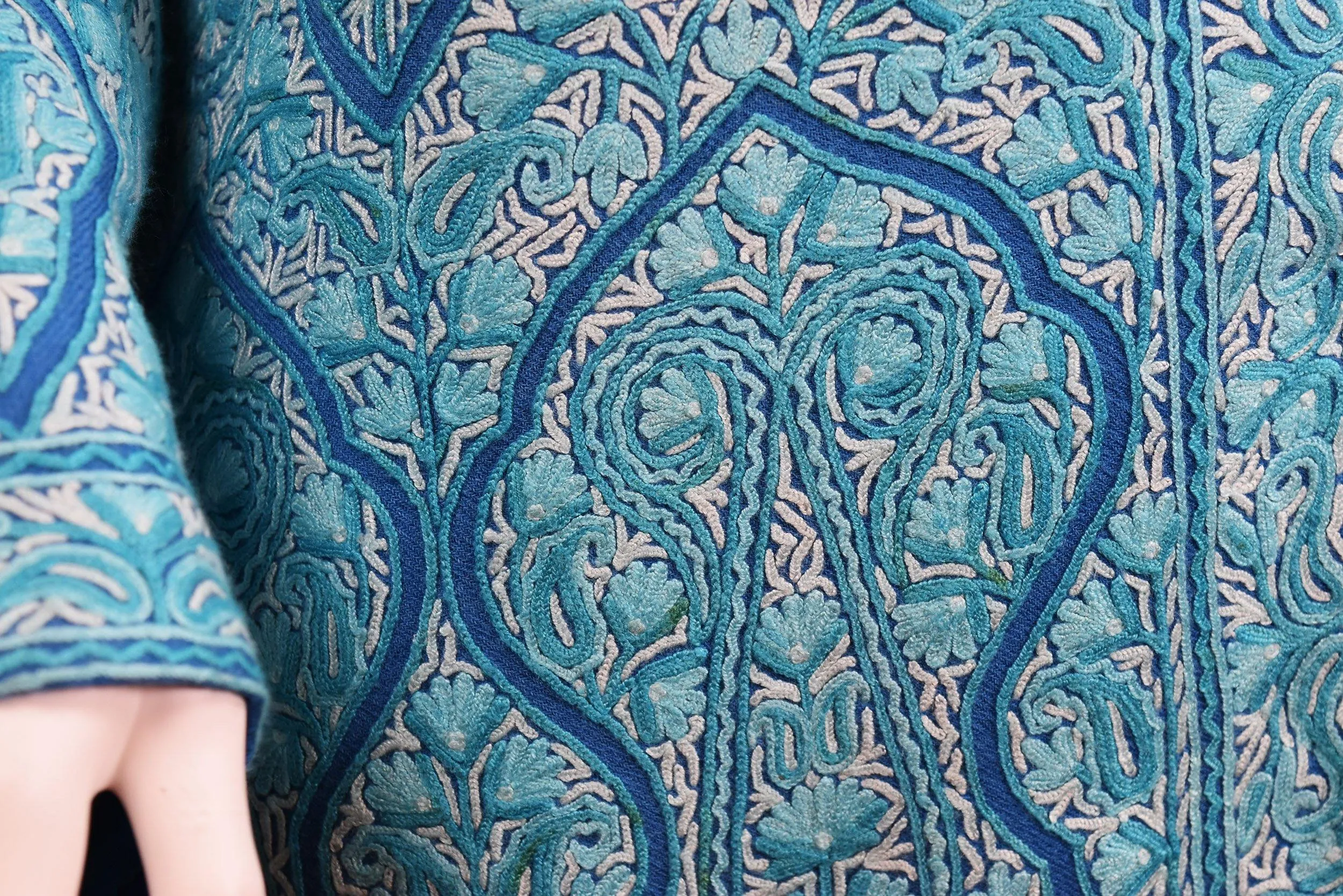 Turquoise Blue Jacket Dinner Cashmere Evening Dress Coat All Over Hand Embroidered Kashmir