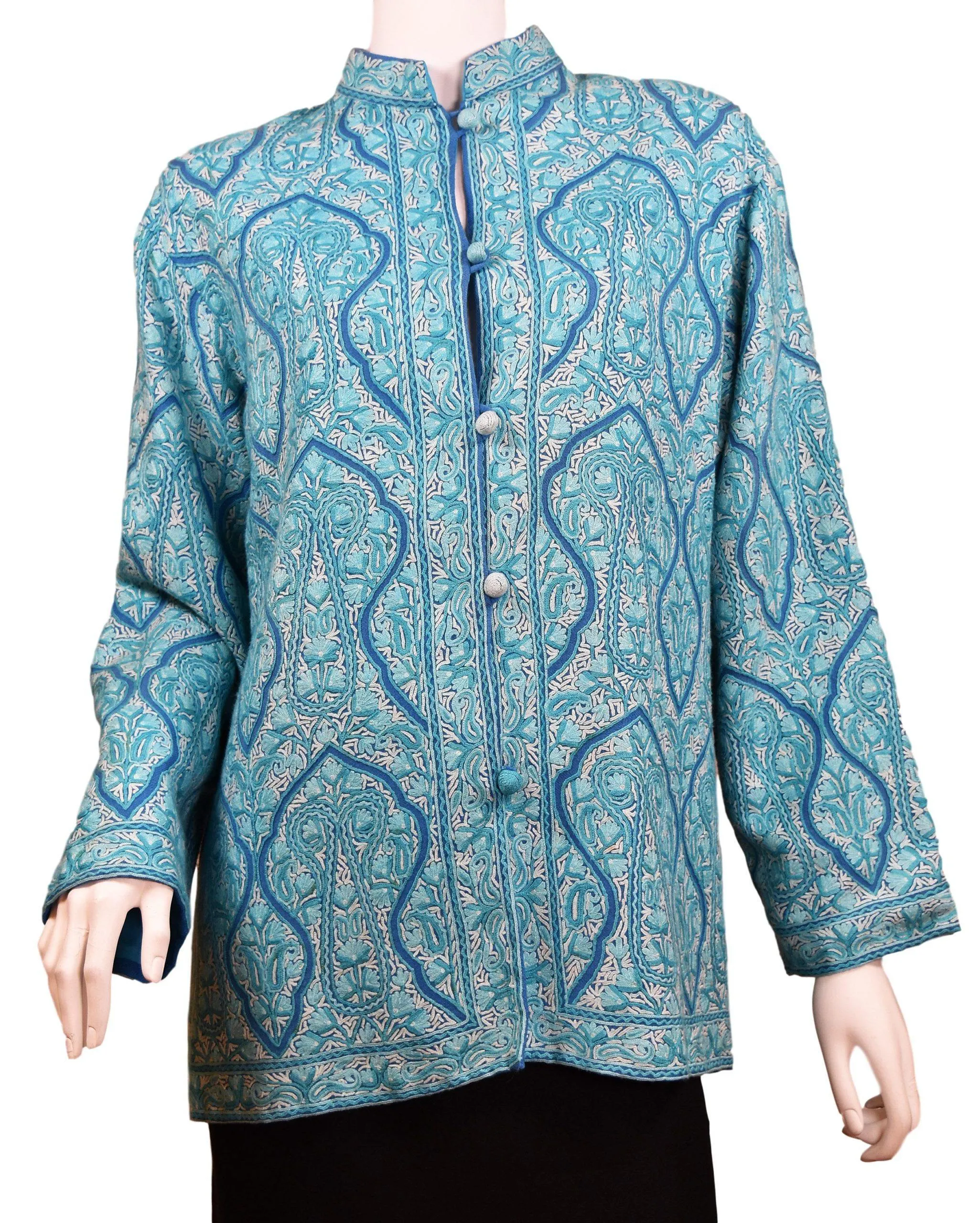 Turquoise Blue Jacket Dinner Cashmere Evening Dress Coat All Over Hand Embroidered Kashmir