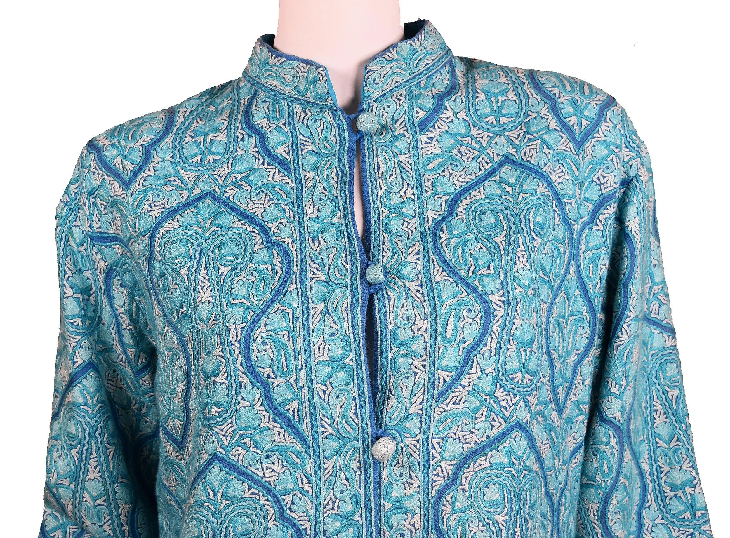 Turquoise Blue Jacket Dinner Cashmere Evening Dress Coat All Over Hand Embroidered Kashmir
