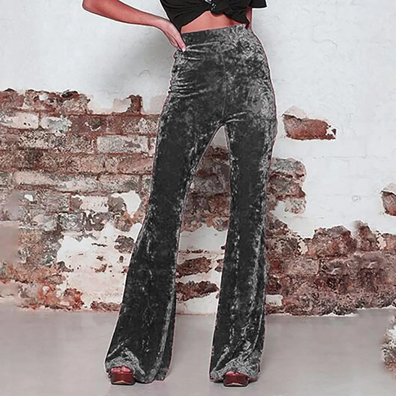 Vintage Velvet Flare Pants for Women High Waist Tummy Control Straight Bootcut Pants Soft Comfortable Velour Trousers