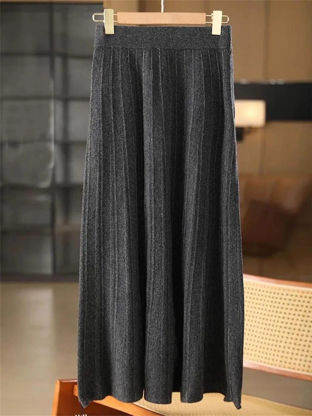 Vsadsau Women's Wool Knitted Pleated Skirt Stretch High Waisted Loose A-Line Work Office Midi Skirts