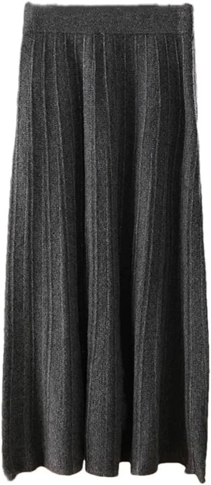 Vsadsau Women's Wool Knitted Pleated Skirt Stretch High Waisted Loose A-Line Work Office Midi Skirts