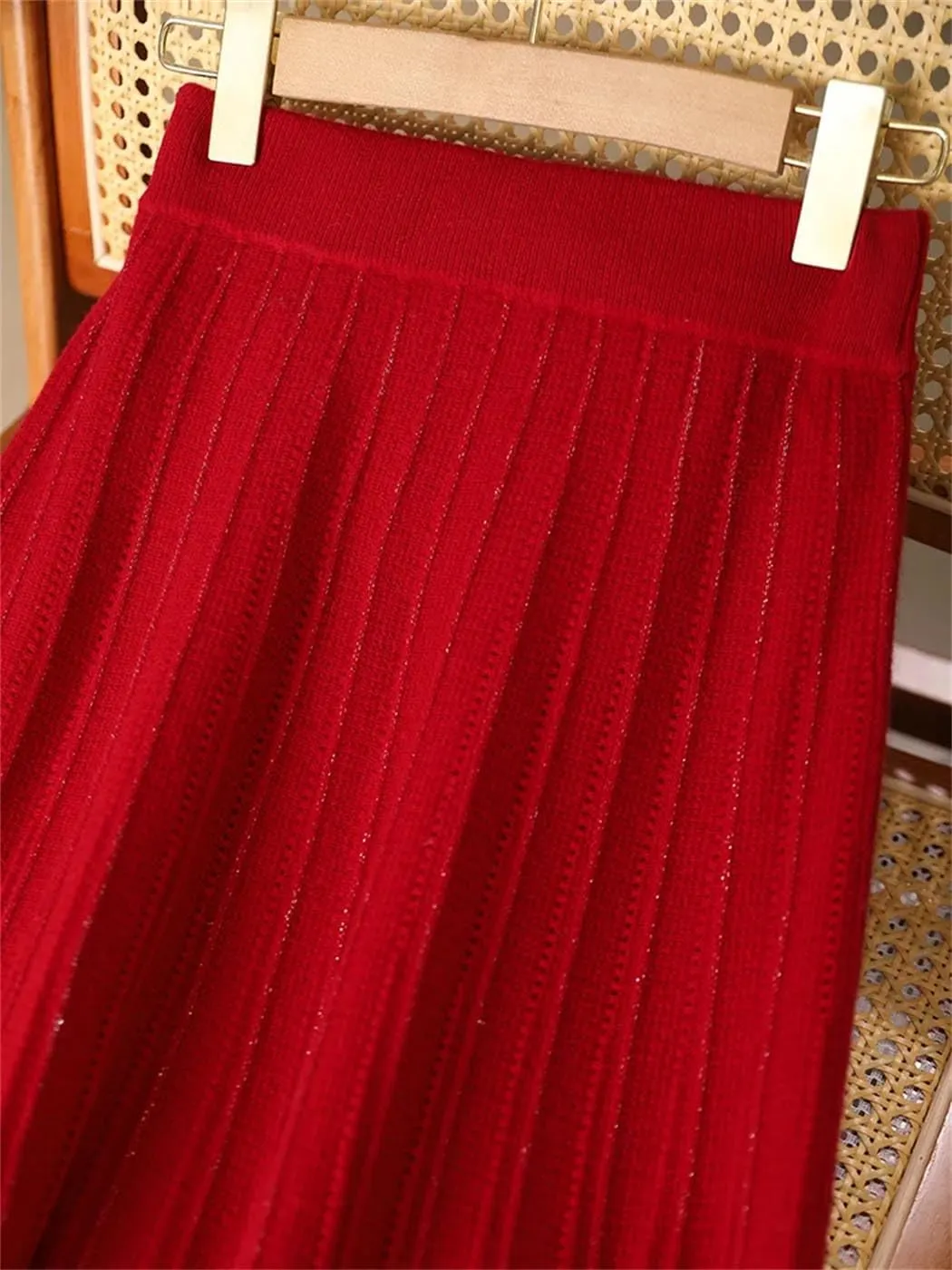 Vsadsau Women's Wool Knitted Pleated Skirt Stretch High Waisted Loose A-Line Work Office Midi Skirts