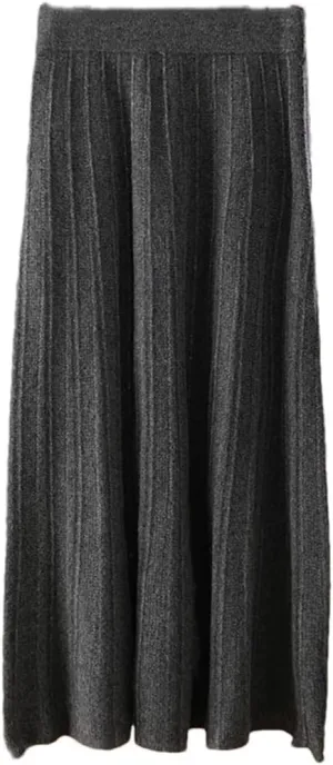 Vsadsau Women's Wool Knitted Pleated Skirt Stretch High Waisted Loose A-Line Work Office Midi Skirts