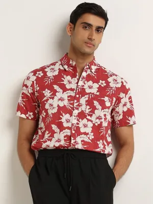 WES Casuals Red Floral Slim Fit Printed Cotton Shirt