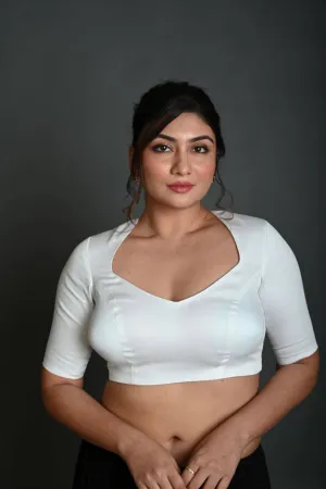 White Half Sleeve Blouse in Cotton with Deep V-Neckline and Back Cutout