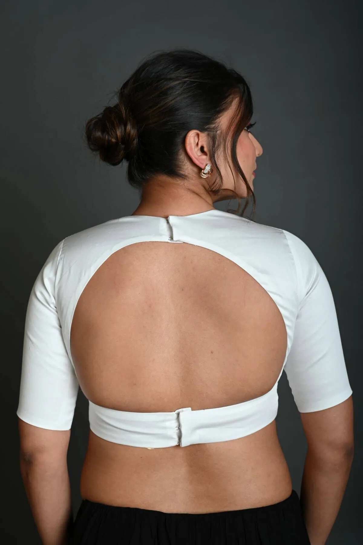 White Half Sleeve Blouse in Cotton with Deep V-Neckline and Back Cutout
