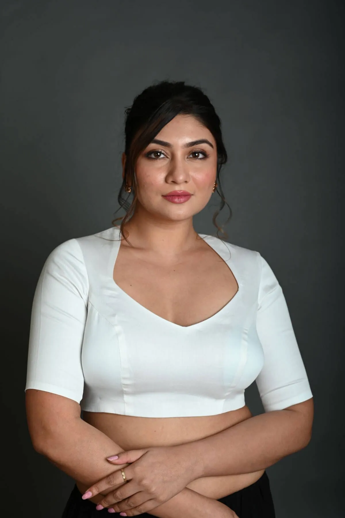 White Half Sleeve Blouse in Cotton with Deep V-Neckline and Back Cutout