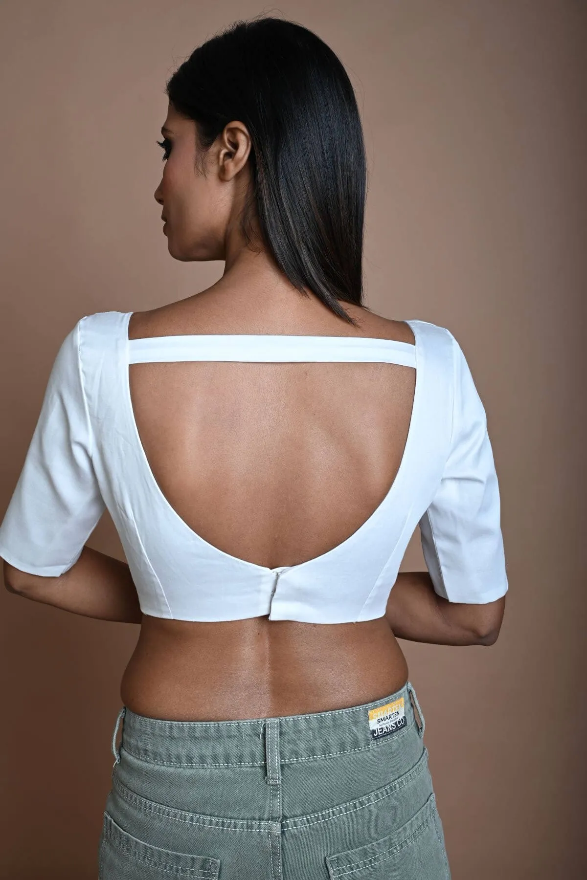 White Half Sleeve Blouse in Cotton with Strappy Back Hook Closure