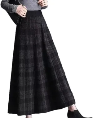 Winter Thickening Plaid Midi Skirt Women Vintage Pleated Elastic A-Line High Waist Knitted Skirt Loose All-Match Skirt