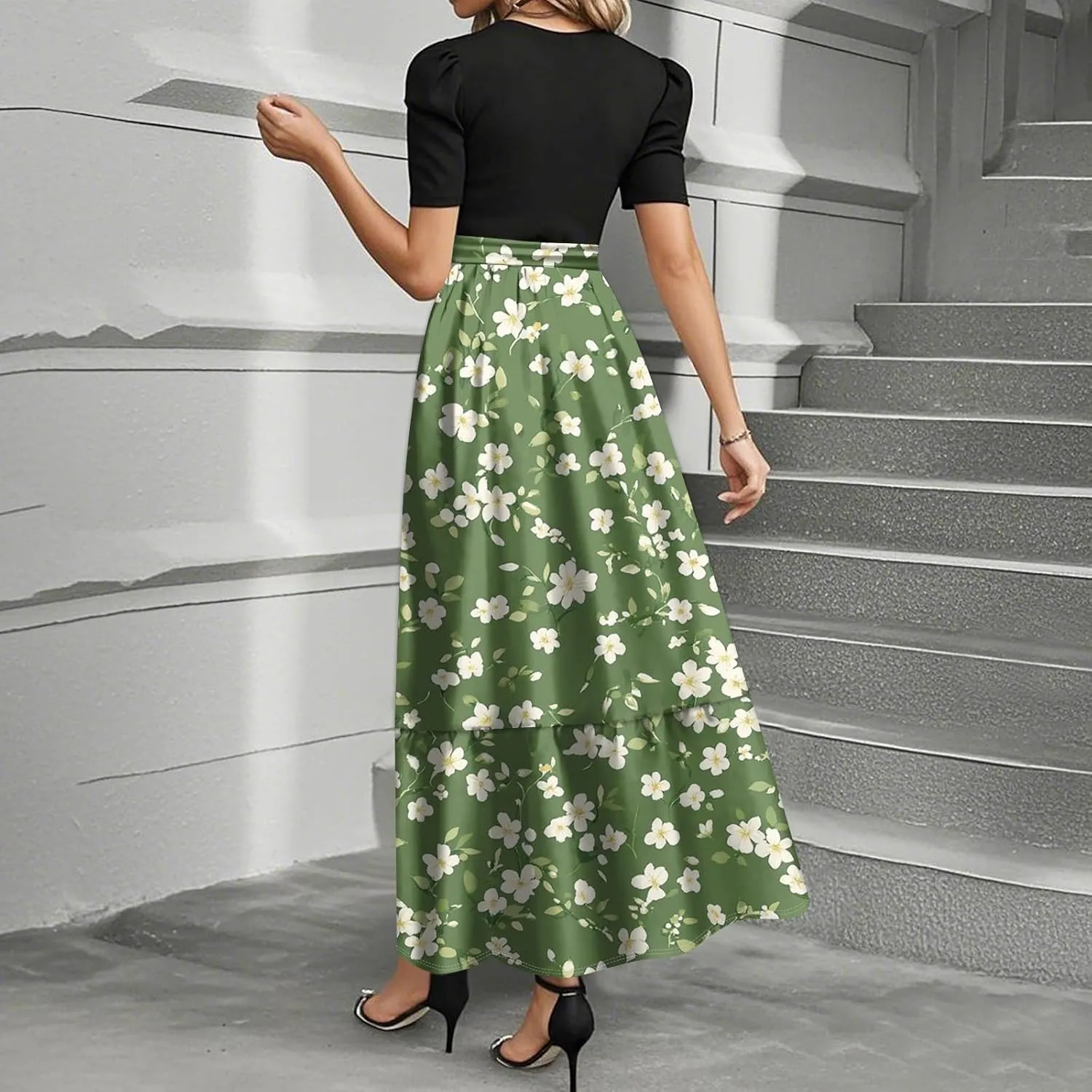 Women 2025 Casual Short Sleeves Elegant Maxi Dress with Belted Waist Crew Neck Flowy Boho Dress