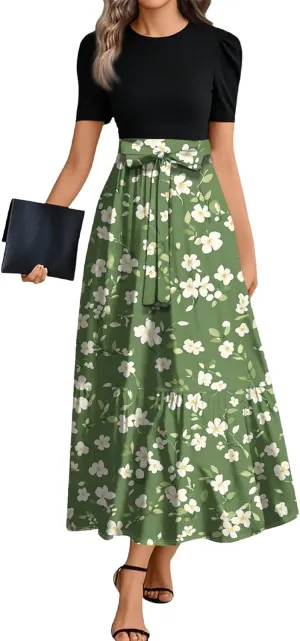 Women 2025 Casual Short Sleeves Elegant Maxi Dress with Belted Waist Crew Neck Flowy Boho Dress