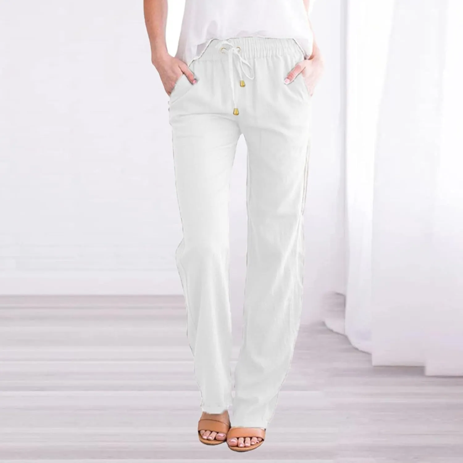Women Linen Pants Straight Leg Drawstring Elastic High Waist Loose Comfy Trousers with Pockets