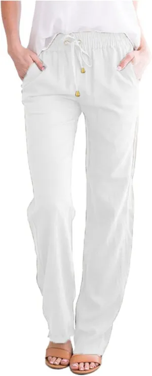 Women Linen Pants Straight Leg Drawstring Elastic High Waist Loose Comfy Trousers with Pockets
