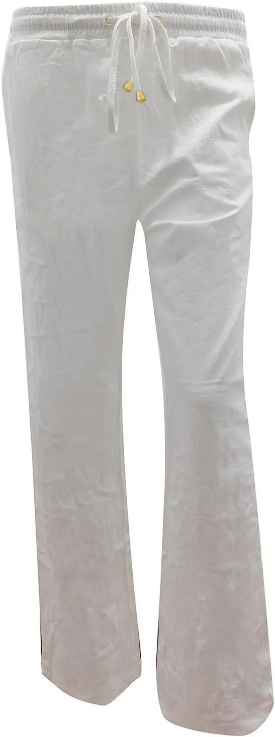 Women Linen Pants Straight Leg Drawstring Elastic High Waist Loose Comfy Trousers with Pockets